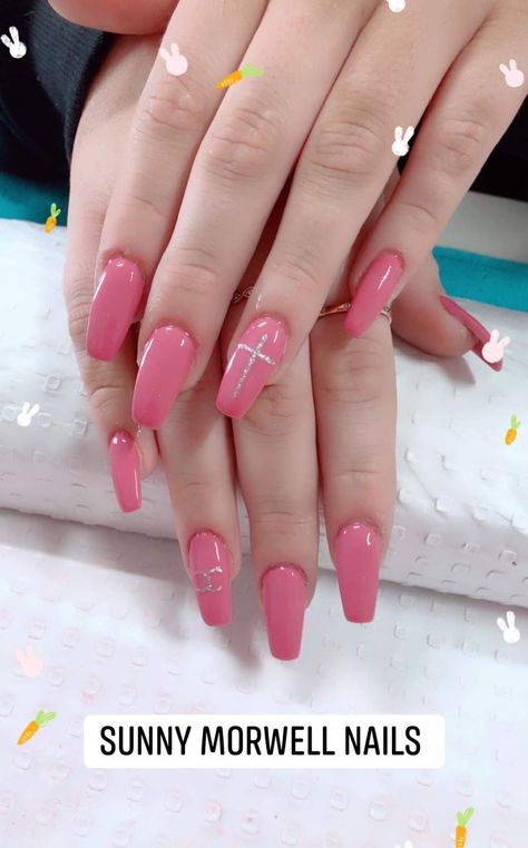 Pink Nails With Cross Design, Pink Nails With Cross, Jayda Nails, Pink Cross Nails, Christian Nail Art, Pink Sns, Christian Nails, Nails With Cross, Easter Nails Easy