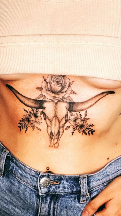 Bull Skull Tattoo Stomach, Bull Skull Tattoo Sternum, Father Daughter Tattoos Country, Country Back Tattoo Women, Mother Daughter Tattoos Western, Cow Skull Tattoos For Women, Western Cow Skull Tattoo, Cowgirl Skull Tattoo, Longhorn Sternum Tattoo