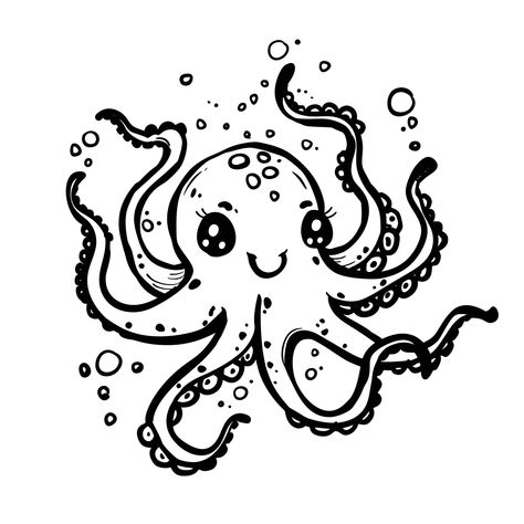 Kawaii playful octopus (free printable PDF black-and-white line drawing idea suitable for all, from beginners to advanced learners, including children, teens, adults, and seniors) Kawaii Drawing Ideas, Easy Still Life Drawing, Graduation Drawing, Kawaii Penguin, Christmas Tree Drawing, Kawaii Drawing, Its A Girl Balloons, Kawaii Panda, Star Wars Drawings