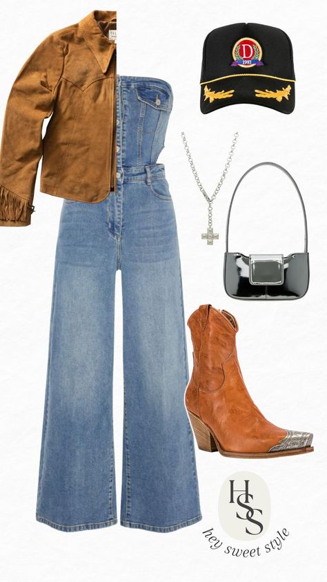 Loving this Nashville outfit idea!! Nashville Overall Outfits, April Concert Outfit, Nashville In The Winter Outfits, Nashville Nights Outfit, Denim On Denim Concert Outfit, Tennessee Style Outfits, Cowboy Looks For Women Outfits, Nashville February Outfit, Women’s Nashville Outfits