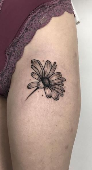 Gerbera Daisy Tattoo Designs, Maga Flower Tattoo, Daises Tattoos, Long Stem Daisy Tattoo, Black And Gray Daisy Tattoo, Daisy Tattoo Cover Up Ideas, Gerbera Daisy Tattoo Black And White, Daisy Chest Tattoo, Tattoo Of Daisy Flower