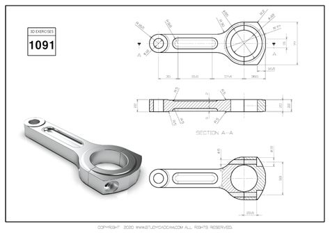 3D CAD EXERCISES 1091 - STUDYCADCAM Cad Drawing Mechanical, Cad Design Mechanical, Auto Cad Drawing, Autocad 3d Modeling, Mechanics Drawing, 3d Cad Exercises, Autocad Isometric Drawing, Cad Cam Design, Orthographic Drawing