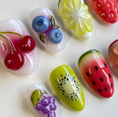 Fruity Nails, Fruit Nail Designs, Teen Nails, Fruit Press, Fruit Nail Art, Asian Nails, Type Shi, Casual Nails, Really Cute Nails