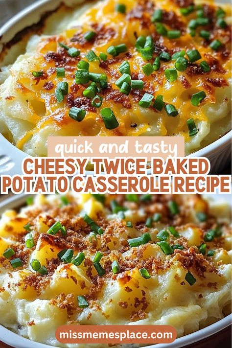 Dive into this Cheesy Twice-Baked Potato Casserole that’s bursting with flavor! Made with fluffy russet potatoes, rich sour cream, and generous amounts of cheddar cheese, this recipe is incredibly easy to prepare. Bake, mix, and layer for a beautiful presentation that will surely steal the show at any gathering. Whether served as a side dish or a comforting main course, this casserole is a must-try for all potato lovers! Creamy Hasselback Potato Bake, Pioneer Woman Twice Baked Potatoes, Best Twice Baked Potatoes Recipe, Twice Baked Potato Casserole Recipe Easy, Recipes With Russet Potatoes, Russet Potato Side Dishes, Baked Potatoes Casserole, Baked Potatoes With Cheese, Twice Baked Potato Casserole Recipe