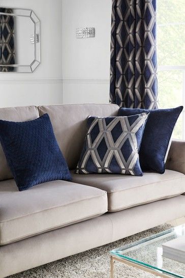 Navy Collection Luxe Velvet Geo Square Cushion Navy Blue And Grey Living Room, Grey Sofa Living Room, Grey Couches, Cosy Night In, Velvet Quilt, Blue Sofa, Navy Velvet, White Cushions, Hotel Style