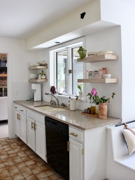 Budget Kitchen Refresh — Lauren Koster Creative Bulkhead Kitchen, Above Kitchen Sink, Kitchen Soffit, Kitchen Staging, Kitchen Open Shelves, Kitchen 2021, Above The Sink, Kids Work, Kitchen Refresh