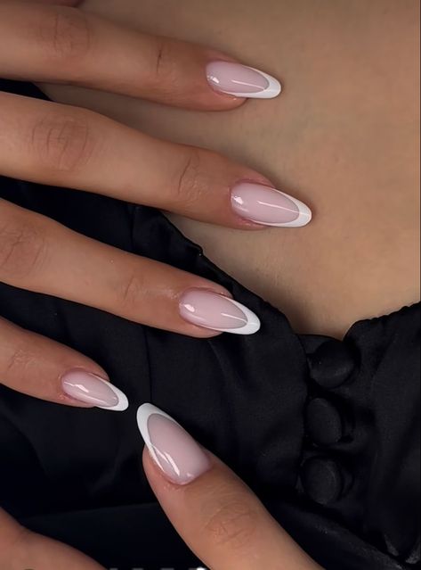 Pink And White Almond Nails French Tip, White French Tip Nails Almond With Diamonds, White Tips Almond Shape, Pink French Tip Nails Almond With Pearls, Almond Shape French Tip With Pearls, Casual Nails, Clean Girl, Cute Acrylic Nails, Stylish Nails