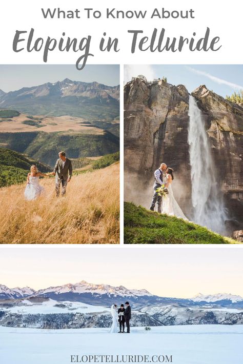 Telluride, Colorado is the perfect place in the Rocky Mountains for an adventure elopement! Telluride is luxury meets outdoor recreation, and is gorgeous for a wedding in summer, fall or winter. This blog will give you ideas for ceremony locations, travel planning tips, photography inspiration, and things to do on your honeymoon too! Mountain pictures, photo ideas and simple, fun packages to make it “no stress” for you. #telluridewedding #adventureelopement #coloradoelopement #telluride #elope Telluride Elopement Fall, Telluride Colorado Elopement, Wedding Ideas For Second Marriage, Telluride Colorado Wedding, Ridgway Colorado, Telluride Elopement, Colorado Wedding Elopement, Rocky Mountain Elopement, Colorado Destination Wedding