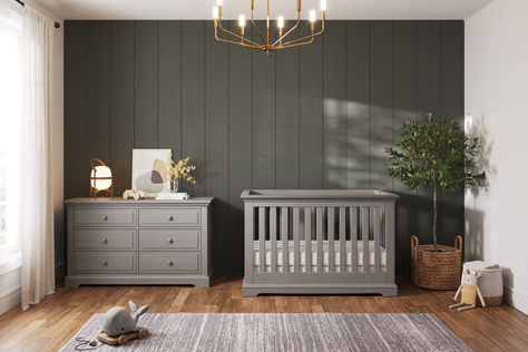 With classic crown molding, English dovetail drawers, and durable wood construction, the fully assembled Jordyn Legacy Collection adds traditional, sophisticated style into any nursery. Choose from a 4-in-1 Flat Top Crib or a simple Euro Crib silhouette, along with a tall chest of drawers, double dresser, and coordinating nightstand. Baby Nursery Furniture Sets, Changing Dresser, Bed Day, Wooden Drawer Pulls, Crib Accessories, Grey Crib, Changing Table Topper, Wood Drawer Pulls, Nursery Furniture Collections