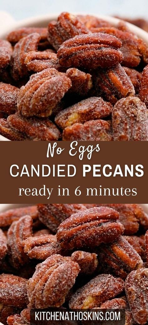 Learn how to make quick candied pecans on the stovetop without eggs, in 6 minutes and can be easily made vegan by replacing butter with coconut oil. These easy candied nuts are perfect for packaging as a homemade Christmas gift for the holidays or even as wedding favors. Get the candied pecans recipe at kitchenathoskins.com. Stovetop Candied Pecans, Candied Pecans Easy Stovetop, Easy Candied Pecans, Treats For Party, Pecan Recipes Easy, Candied Pecans Recipe, Glazed Pecans, Homemade Christmas Gift, Sugared Pecans