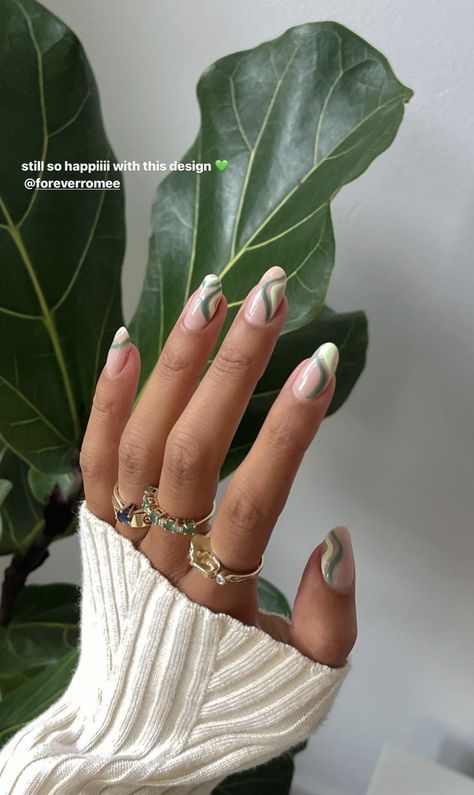 Short Almond Acrylic Nails French Tip Sage Green, Sage Green Nails White Lines, Almond Abstract Nails, Short Almond Abstract Nails, Sage Green Abstract Nails, Almond Sage Nails, Green Abstract French Tip Nails, Sage Green French Tip Nails, Green French Tip Nails