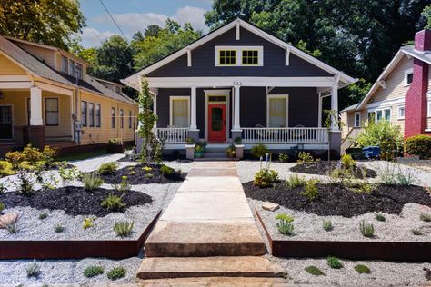 1920s Craftsman Bungalow Exterior, Bungalow Pictures, 1920s Craftsman Bungalows, Craftsman Bungalow Exterior, White Bungalow, Blue Siding, Reclaimed Wood Beams, Rustic Ceiling, Bungalow Exterior