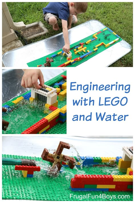 Here's a fun STEM project for kids that is perfect for warm weather - build a LEGO® water wheel and experiment with fluid dynamics.It was actually not shockingly hot over the July 4th weekend (we live in Texas), and we enjoyed playing outside with LEGO®!First, Aidan used duct tape to secure some base plates to our oil change tray.  We bought this a few years ago in the automotive section at Walmart - it's quite useful for playing with magnets among other things.Then we started building Stem Projects For Kids, Lego Challenge, Lego Club, Lego Activities, Fluid Dynamics, Lego For Kids, Lego Party, Stem Projects, Water Wheel