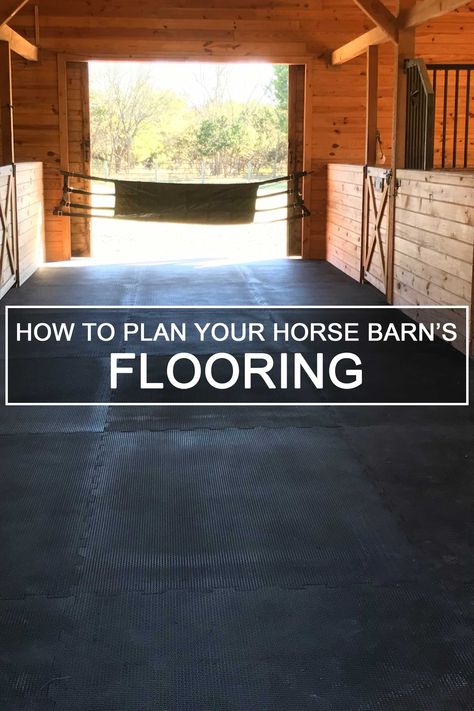 If your barn is not built yet, we recommend considering your floor plan. To make the flooring safer for your horse, start ​by pulling back any bedding and assess the floor. Pawing on a concrete or wood floor can wear down a horse's toes or loosen a shoe, whereas on dirt floors, it creates holes and uneven footing. Another thing to keep your eye on is weaving. Weaving is when... (continue reading) #horsestalls #horsestable #barn #construction #diyproject #horses #equestrian #rammstalls #flooring Concrete Horse Stalls, Horse Stable Design Floor Plans, Horse Stall Footing, Horse Area Ideas, Horse Stall Flooring, Horse Barn Stalls Ideas, Horse Barn Layout Floor Plans, Barn Flooring Ideas, Horse Stall Ideas Cheap