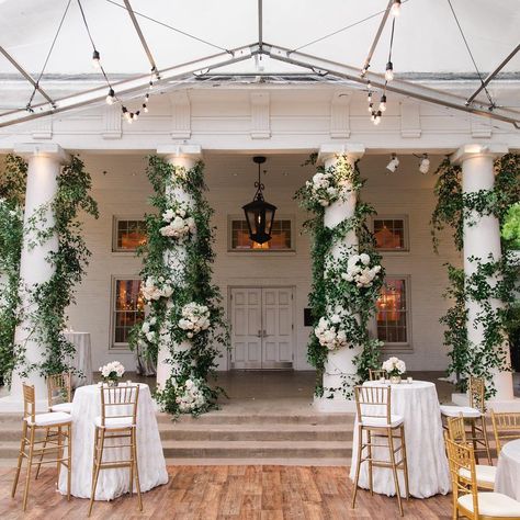 Bella Flora of Dallas on Instagram: “Giving @arlingtonhalloaklawnpark a different look by wrapping the columns in greenery and adorning the two main columns with lush floral…” Column Wrap, Wedding Altar, Garland Wedding Decor, Greenery Decor, Wedding Altars, House Deco, Lake Como Wedding, Wedding Flower Decorations, Floral Garland