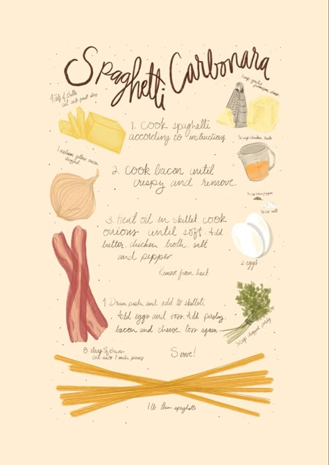 Written Recipes Aesthetic, Food Drawing Recipe, Pasta Drawing Illustration, Pasta Recipe Illustration, Pasta Illustration Graphics, Homemade Cookbook, Recipe Drawing, Skillet Cooking, Marketing Words