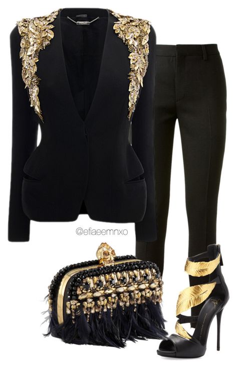 "Digging for gold" by efiaeemnxo ❤ liked on Polyvore featuring Yves Saint Laurent, Alexander McQueen, Giuseppe Zanotti, blackandgold, AlexanderMcQueen, GiuseppeZanotti, sbemnxo and styledbyemnxo Extraordinary Outfits Womens Fashion, Dramatic Clothing Style, Black And Gold Outfits Women, Black And Gold Outfit Ideas, Dramatic Clothing, Looks Adidas, Glamorous Fashion, فستان سهرة, Signature Look