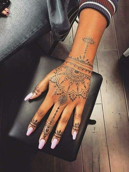 Small Spiritual Hand Tattoos For Women, Sacred Geometry Hand Tattoo Women, Lace Mandala Tattoo Hand, Lace Hand Tattoo, Top Of Hand Tattoos For Women, Full Hand Tattoos For Women, Hand Mandala Tattoo, Mandala Hand Tattoo For Women, Rihanna Hand Tattoo