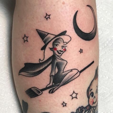 Bewitched witch tattoo Evie Yapelli on Instagram: “Are you a Samantha Stevens or a Jeannie? (One guess which @forbiddend0nut and I are.) . 🖤Currently booking Jan & Feb 👉…” Bewitched Tattoo, Sabrina The Teenage Witch Tattoo Ideas, Vintage Halloween Tattoos For Women, Lucille Bat Tattoo, Spooky Girl Tattoo, Samantha Stevens, Strega Nona, Movie Tattoos, Witch Tattoo