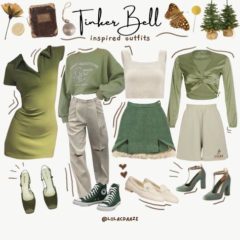 Tinkerbell Fairies Outfits, Tinkerbell Aesthetic Outfit, Tinkerbell Fairies Inspired Outfits, Tinkerbell Outfit Ideas, Tinker Bell Inspired Outfits, Tinkerbell Inspired Outfits, Tiana Inspired Outfits, Tinkerbell Modern Outfit, Tinker Bell Disneybound