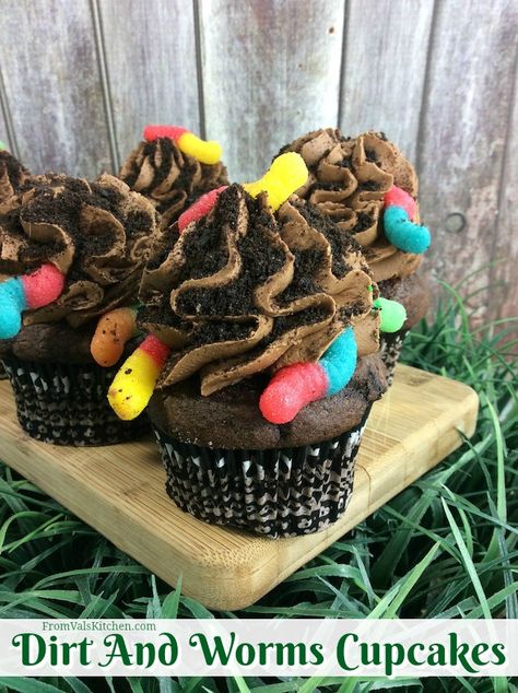 Dirt And Worms Cupcakes Recipe From Val's Kitchen Dirt And Worms Cupcakes, Dirt Cake Cupcakes, Fishing Cupcakes Boy Birthday, Birthday Cupcakes Ideas For Boys, Worm Cupcakes, Dirt And Worms, Dirt Cupcakes, Safari Food, Kids Cupcakes