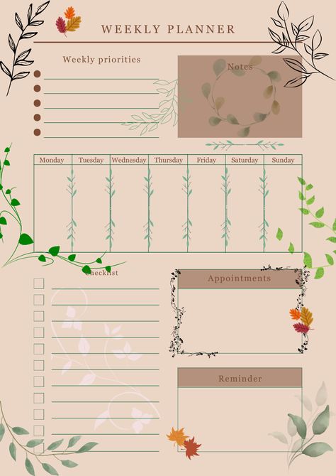 Fall Planner Aesthetic, Canva Planner Ideas, Journal Templates Layout, Fall Planner, Free Planner Templates, Flower Planner, Study Planner Printable, Note Writing Paper, Weekly Planner Template