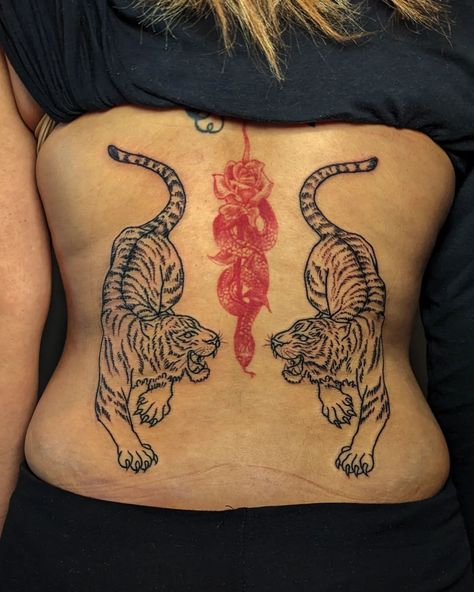 Two lovely symmetrical back tigers for Nikki! Thank you so much 🐅 (red snake by another artist!) Symmetrical Tattoo, Red Snake, Tiger Tattoo, Snake Tattoo, Mini Tattoos, Back Tattoo, Thank You So Much, Tigers, Tatting