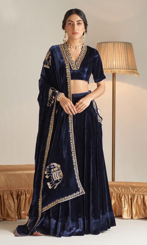 Blue Velvet Lehenga, Velvet Blouse Design, Lehenga With Blouse, Casual Bridal Dress, Dabka Work, Shawl Neckline, Velvet Saree, Long Blouse Designs, Blouse Lehenga