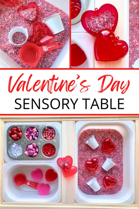 Valentine’s Day Sensory Table for Kids Valentines Flisat Table, Dollar Tree Valentines Sensory Bin, Love Sensory Bin, Valentine’s Day Montessori, Love Potion Sensory Play, Sensory Bin Valentines Day, Valentine’s Day Sensory Table, Valentine’s Day Set Up For Kids, Valentine's Day Sensory Bin