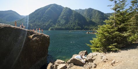 Lake Cushman, The Big Rock cliff-jumping spot.- 30 Must-Do Adventures in Washington Newcastle Beach, Hood Canal, Boulder Beach, Gray Sky, Evergreen State, Big Rock, Lake Beach, Relaxing Places, San Juan Islands