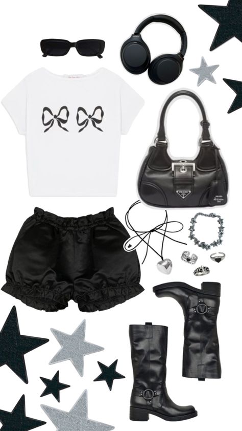 black and white outfit bows stars boots silver jewelry Coquette Black, Black And White Outfit, Niche Memes, Star Boots, Black Outfits, White Outfit, Fashion Board, Star Girl, Cute Fits