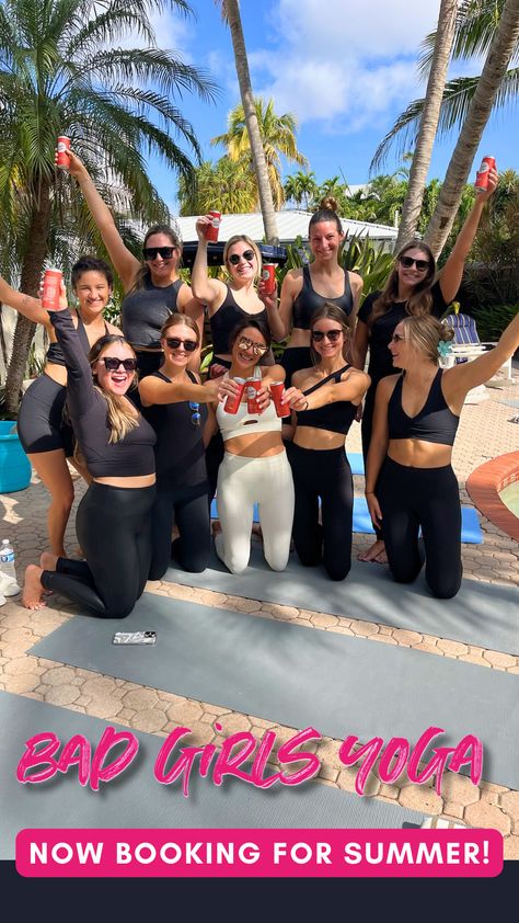 Bachelorette Yoga Party, Bachelorette Yoga Outfit, Yoga Bachelorette Party, Bachelorette Yoga, Palm Springs Bach, Yoga Party, Girls Yoga, Disco Bachelorette, Summer Classes