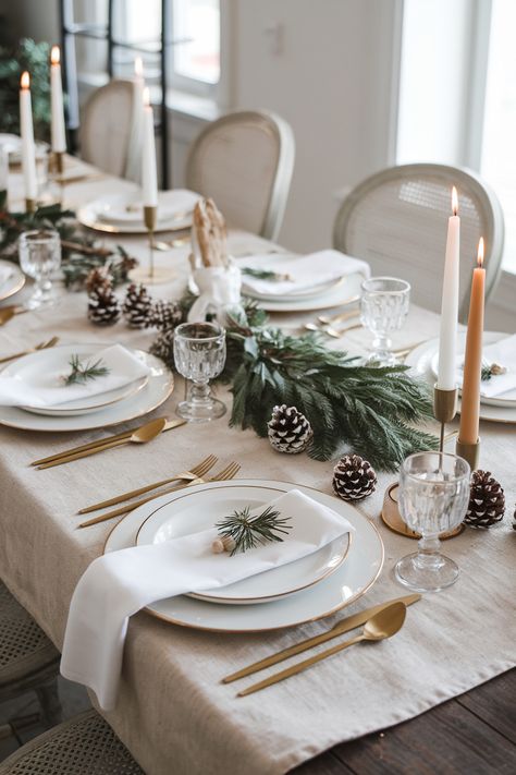 16+ Classy Christmas Table Decorations for 2024 (Elegant, Simple) Christmas Table Settings White Plates, Basic Christmas Table Decor, Christmas Table 2024 Trends, Xmas Tablescape Ideas, Christmas Classy Decor, Christmas Dining Table Modern, Table Setting Christmas Simple, Christmas Hosting Table, Dining Table Dinner Setup