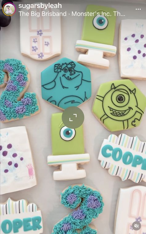 Monsters University Cookies, Monsters Inc Sugar Cookies, Monsters Inc Cookies Decorated, Monster Sugar Cookies, Monsters Inc Cookies, Cookie Decorating Party Ideas, Sugar Cookie Decorating Ideas, Galletas Royal Icing, Cookies Monster