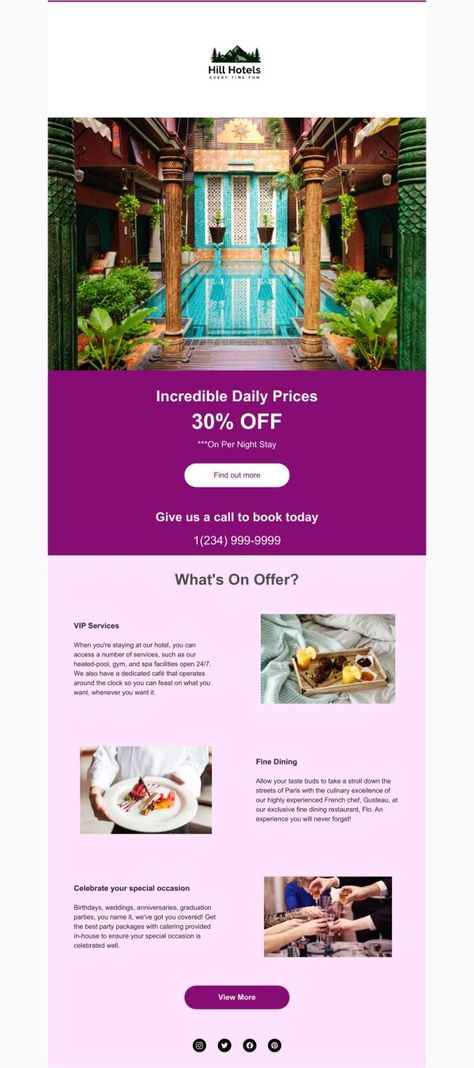 With PosterMyWall's Email Maker, you can customize design templates for Daily Specials email marketing campaigns in minutes. Choose a design, edit, and publish directly from PosterMyWall. Special Offer Email Template 'Incredible Daily Prices' for Hotels. Tags: special, offer, email, template, promo, luxury, hotel, hospitality, holiday, discount, daily, deals, contact, us, booking, Free Email Templates for 'Daily-specials-email-templates' Email Direct Marketing Design, Free Email Templates, Hotel Hospitality, Email Template Design, Design Edit, Email Marketing Template, Design Layouts, Daily Specials, Email Marketing Campaign