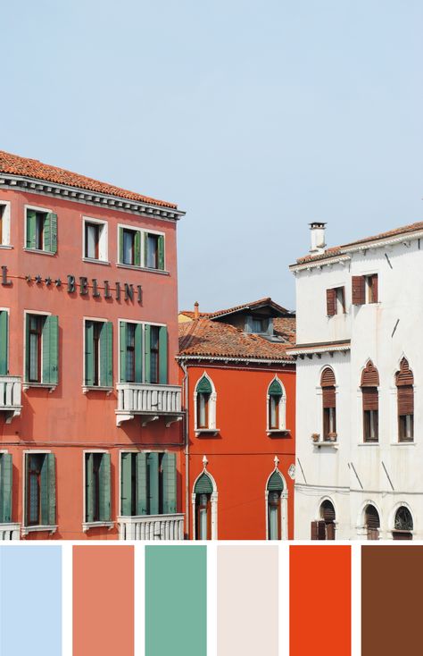 Venice Colour Palette, Pretty Color Combos, Muted Terracotta, Streets Of Venice, Mediterranean Culture, Graduation Inspiration, Sunset Color Palette, Venice Architecture, Italian Bathroom