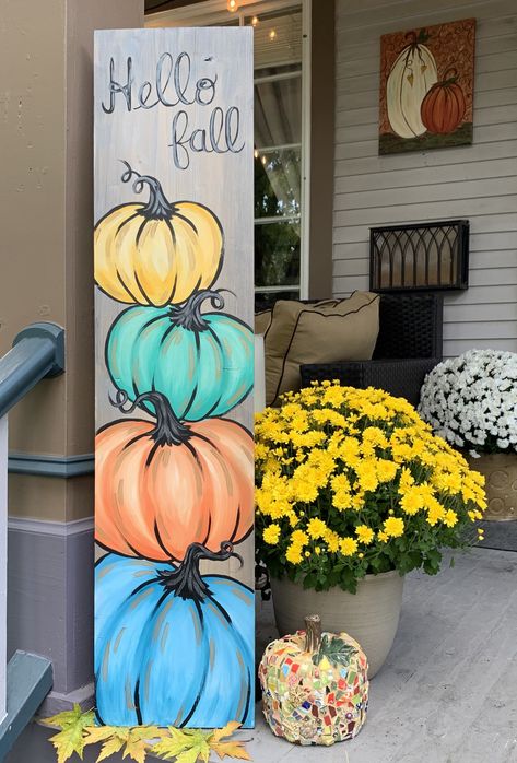 Fall Porch Boards Signs, Welcome Sign Front Door Painting, Fall Board Signs For Porch, 4x4 Canvas Painting Ideas Easy, Pumpkin Porch Signs, Fall Door Leaner Signs, Fall Porch Leaners Diy, Porch Leaner Sign Fall, Wooden Board Painting Ideas