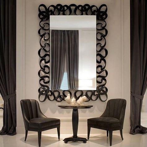 “Oversized Piano Black Ribbon Mirror. Available in over 14 finish options. @unlimitedfurnituregroup.com Attic Bedroom Decor, Christopher Guy, Nautical Bathroom Decor, Deco Retro, Home Decor Online, Contemporary Furniture, Luxury Furniture, Home Living Room, Modern Interior