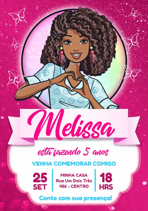 Design by Jotta | Arte digital convite Aniversário Barbie Negra para editar e baixar grátis com marca d'água Como fazer convite online Aniversário Barbie Negra? 1) Escolha um dos muitos modelos disponíveis de convite online Aniversário Barbie Negra para você editar. 2) Edite e personalize com muita facilidade seu convite online Aniversário Barbie Negra usando nosso editor online. 3) Quando o seu convite online Aniversário Barbie Negra estiver pronto clique em baixar e envie se Barbie Birthday Invitations, Barbie Invitations, Barbie Birthday, Barbie Party, Black Barbie, Digital Invitation, 5th Birthday, Digital Invitations, Birthday Invitations