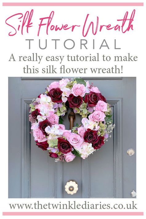 A really really easy tutorial to make this beautiful DIY faux flower wreath — super simple and looks a million dollars. Artificial Flower Wreath Diy, How To Make A Flower Wreath, Flower Reef, Flower Wreath Tutorial, Beautiful Door Wreaths, Silk Flower Wreaths, Floral Door Wreaths, Bouquet Tutorial, Easy Diy Wreaths