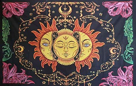 DRAVY HANDICRAFTS Mandala Tarot Sun Cotton Wall Hanging Tapestry (Multicolour, 84X54 Inches) Check more at https://productsoffer.in/dravy-handicrafts-mandala-tarot-sun-cotton-wall-hanging-tapestry-multicolour-84x54-inches/ Sun And Moon Tapestry, Tie Dye Tapestry, Star Tapestry, Moon Tapestry, Hanging Table, Screen Printed Fabric, Hanging Posters, Moon And Star, Screen Printing Designs