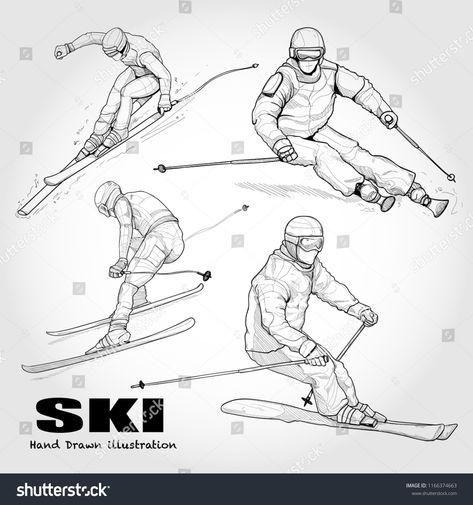 hand drawn illustration set of Skier skiing downhill. drawing vector. sketch of winter sport. #Ad , #ad, #set#Skier#skiing#hand