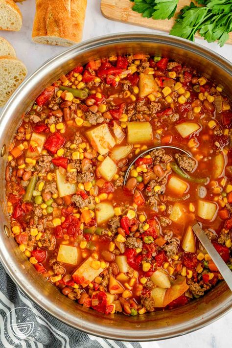 Cowboy Soup Crockpot Ground Beef, Cowboy Stew Crockpot Crock Pot, Cowboy Stew Recipe Ground Beef Easy, One Pot Cowboy Stew, Hearty Crockpot Cowboy Soup, Easy Cowboy Soup, Hobo Stew Ground Beef, Cowboy Soup Recipe Beef, Cowboy Stew Crockpot