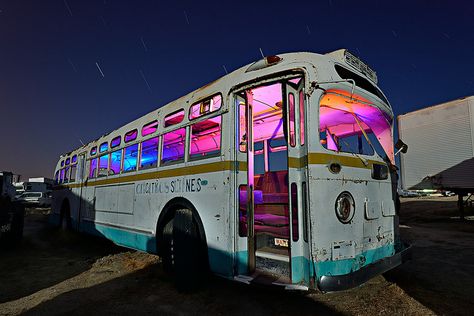 magic party bus. 2012., by eyetwist via Flickr. | #light #lightpainting #blue #orange #pink #bus Party Bus Aesthetic, Moon Interior, Popup Tent, Pink Bus, Bus Party, Bus Ideas, Bus Design, Bus Conversions, Bus Interior