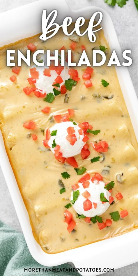 Our ground Beef Enchiladas are packed with flavor and topped with a homemade cheese sauce! Easy on the prep with minimal assembly required. Queso Beef Enchiladas, Beef Enchiladas With Cheese Sauce Easy, Ground Beef Cheesy Enchiladas, Beef Enchiladas With Velveeta Cheese, Beef Enchilada Recipe With White Sauce, Queso Enchiladas Beef, Beef Bean And Cheese Enchiladas, Beef Enchiladas No Red Sauce, Ground Beef Enchiladas With Cheese Sauce