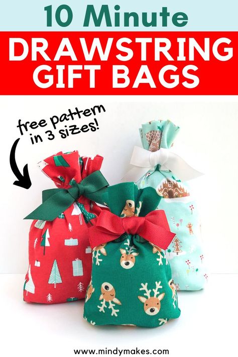 How To Make Small Fabric Gift Bags, Christmas Drawstring Gift Bag, Diy Goodie Bags Christmas, Diy Fabric Gift Bags How To Make, Fabric Gift Bags Diy Simple, Easy Fabric Gift Bags, Diy Cloth Christmas Gift Bags, Fabric Drawstring Gift Bags, Drawstring Gift Bag Pattern