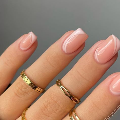 Biab Nail Shape, Neutral Work Nails, Single Finger Nail Design, Square Nails Biab, Short Natural Nails With Design, Minimalist Biab Nails, Light Pink Biab Nails, Simple Biab Designs, Baby Pink Biab Nails