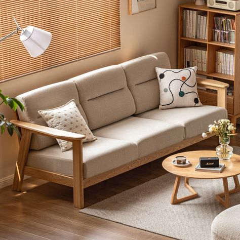 A comfortable and easy-to-use sofa is really friendly for small and medium-sized apartments. The total width of the in-line row is only 2.32M. The backrest and sitting depth are just right, but the design is just right. When relaxing, it can strongly support the lower back and sit cross-legged. There will be no restraint. You can also switch the chaise longue sofa at any time with a footrest~ Wood Sofa Modern, Modern Wood Sofa, Small Apartment Sofa, Small Corner Sofa, Solid Wood Sofa, Mission Style Furniture, Wooden Sofa Set Designs, Latest Living Room Designs, Cross Legged