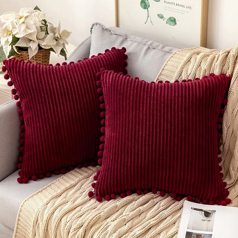 Amazon.com: MIULEE Boho Decorative Throw Pillow Covers with Pom-poms, Soft Corduroy Square Solid Lumbar Cushion Cases for Couch Sofa Bedroom, 18x18 inch Cream : Everything Else Winter Bedroom Decor, Red Couch, Modern Farmhouse Home Decor, Modern Farmhouse Home, Bedroom Red, Red Throw Pillows, Red Cushions, Couch Sofa, Sofa Bedroom