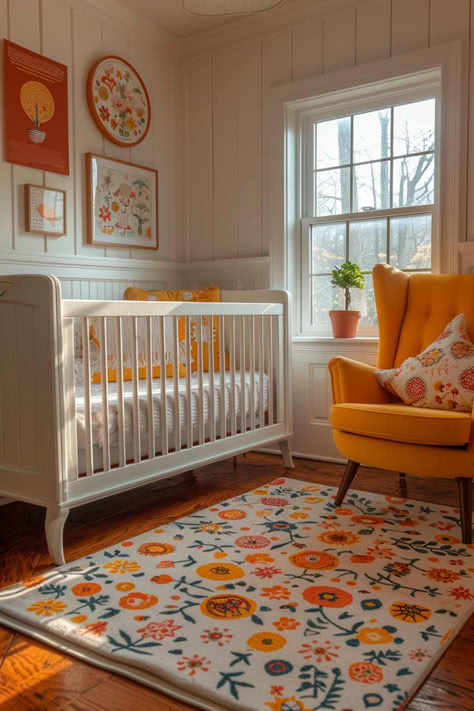 50 Adorable Baby Girl Nursery Inspirations for Proud Parents Parental Love Aesthetic, Neutral Colorful Nursery, Wallpaper Baby Nursery, Cool Girl Nursery, Retro Themed Nursery, Yellow Orange Nursery, Nursery Ideas Girl Colorful, Baby Girl Nursery Whimsical, Groovy Nursery Theme